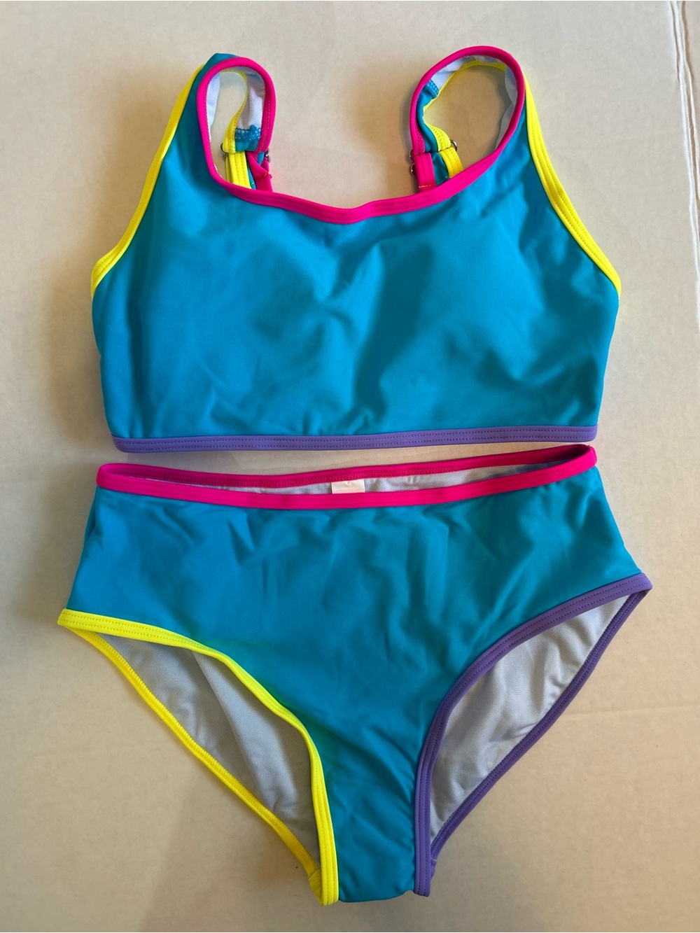 Kids Teal Girls Two-Piece Swimsuit with Neon Trim Size 11-12